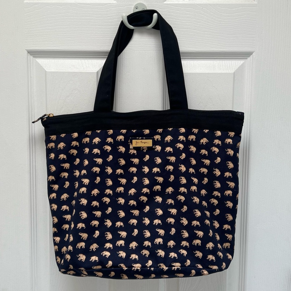 Jim Thompson Navy Blue Canvas Tote With Elephants